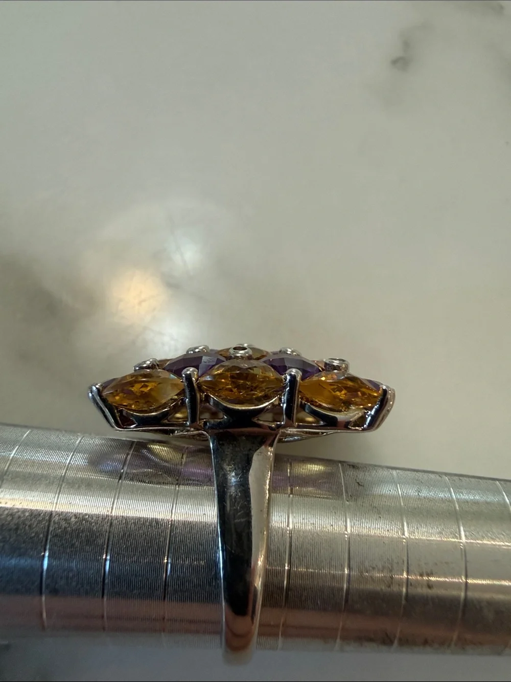 Amethyst-garnet-topaz silver checkerboard ring, size 8